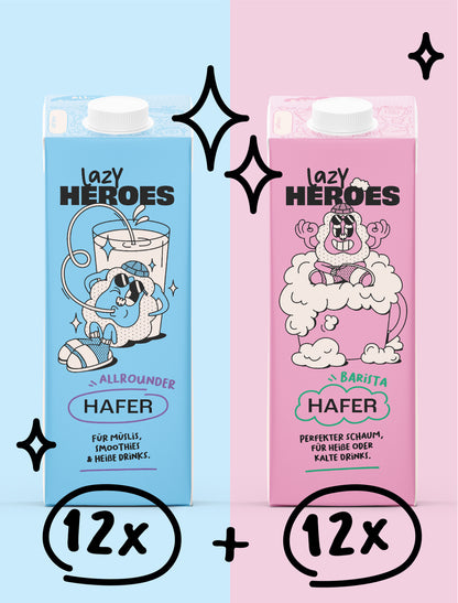 Zwei Flaschen Hafer-Mix-Milch mit der Marke Lazy Heroes GmbH.